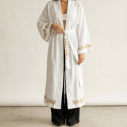 White Organic Cotton Kimono Robe | Snake Woodblock Print | Natural Dye
