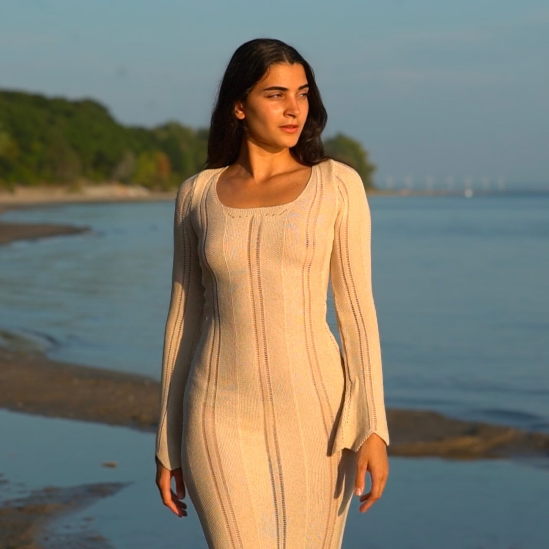 Long Beige Boho Knitted Dress