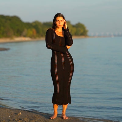 Long Beige Boho Knitted Dress