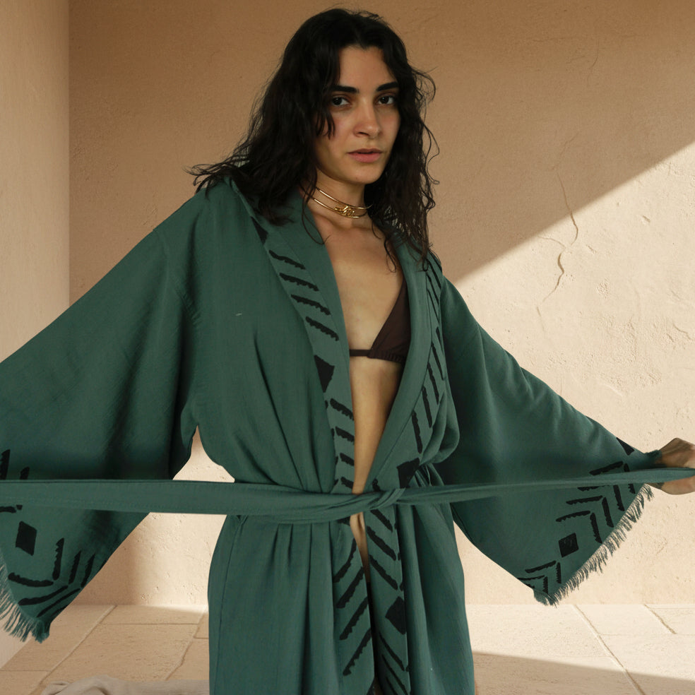 dark green kimono dress Organic Cotton Robe | Lion Print – Boho Clothing & Handmade Cotton Kimonos Lightweight 100% polyester