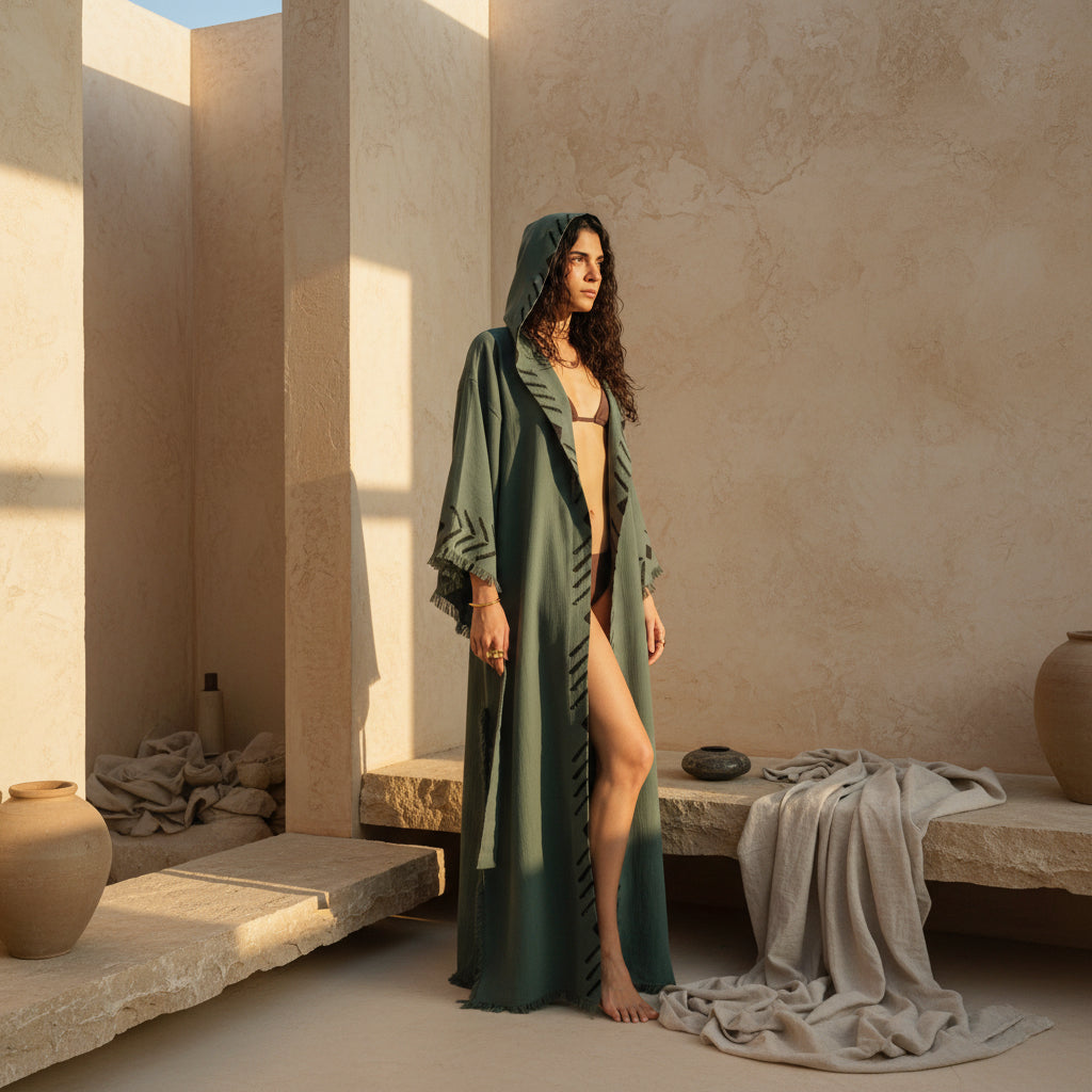 green kimono dressing gown Dark Organic Cotton Robe neckline: collar