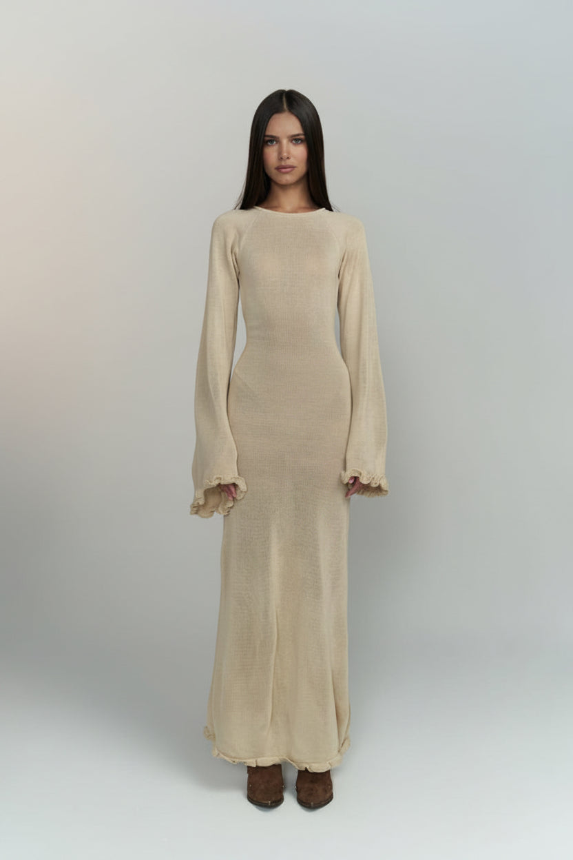 goddess flowy dress Beige Open-Back Maxi | Figure-Hugging Boho Dress – Boho Clothing & Handmade Cotton Kimonos falldress25