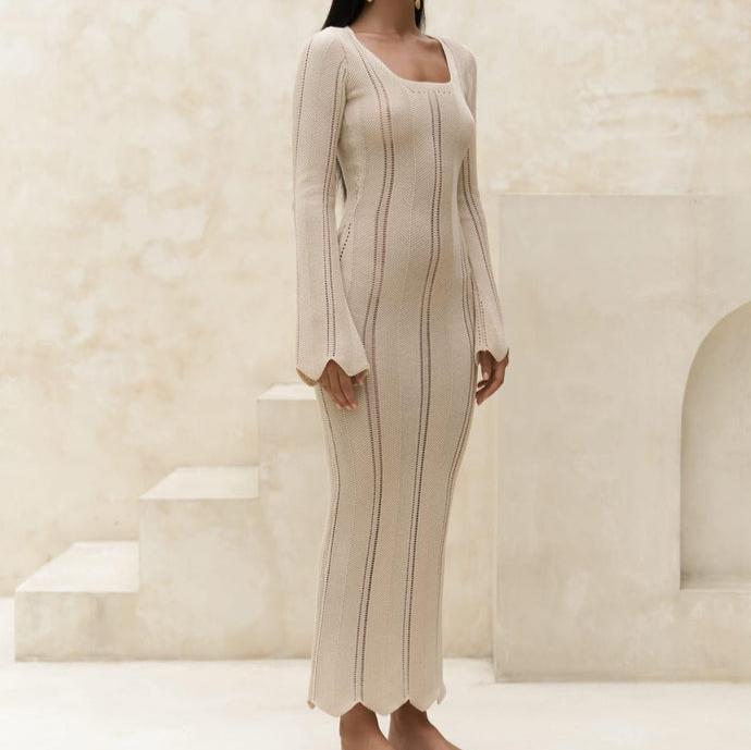 Long Beige Boho Knitted Dress