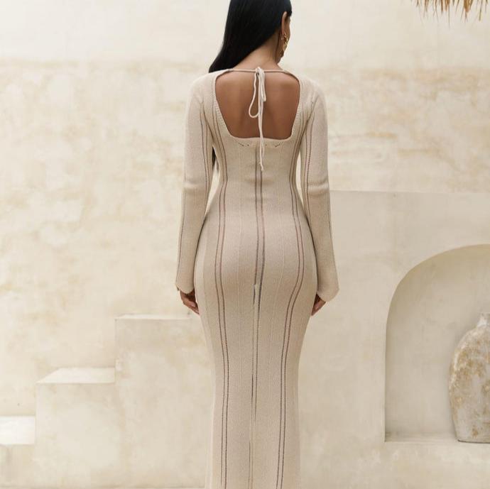 Long Beige Boho Knitted Dress